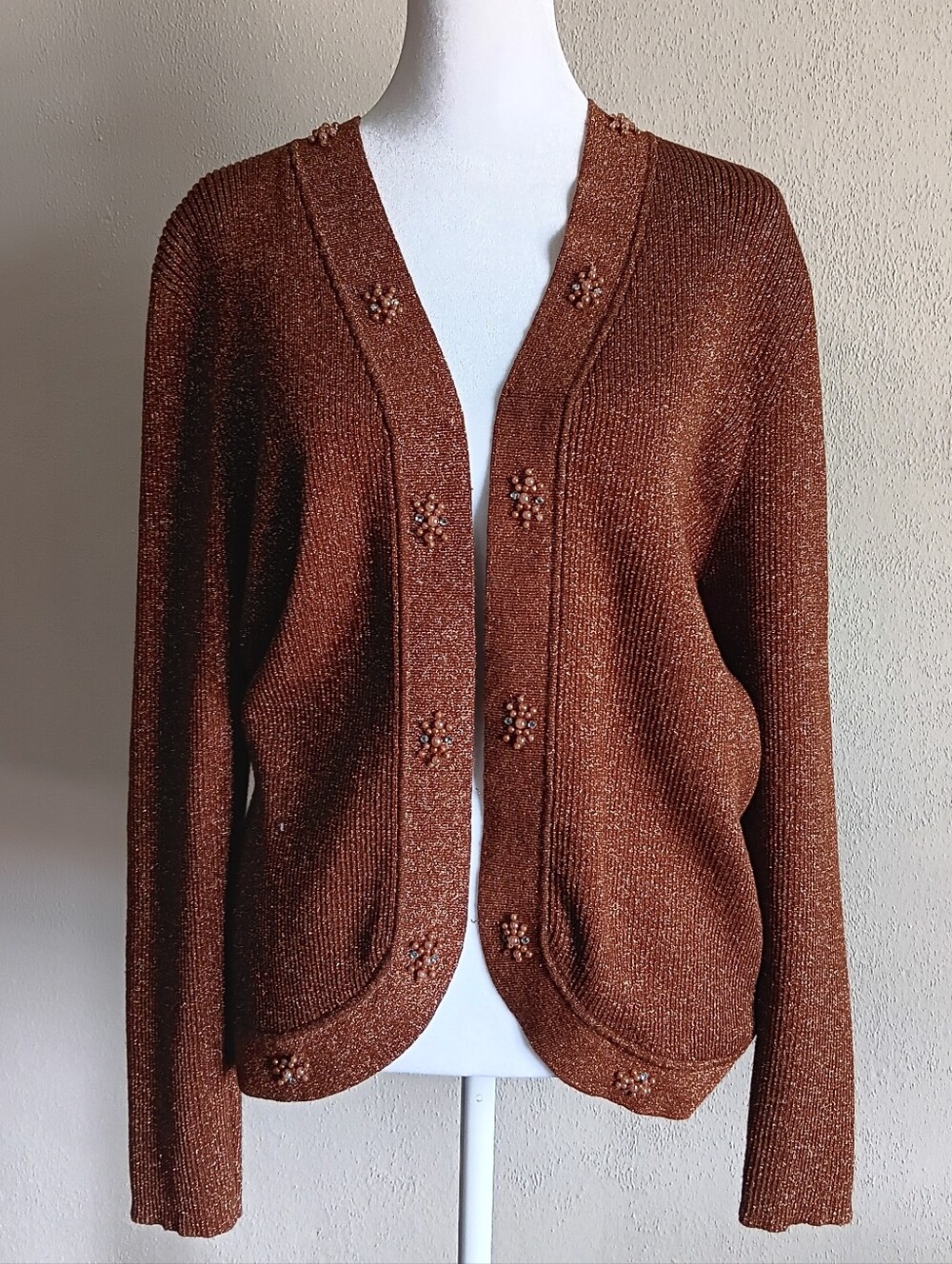TanJay Brown & Metallic Gold, Beaded Cardigan Sweater, Office, Open Front, Large